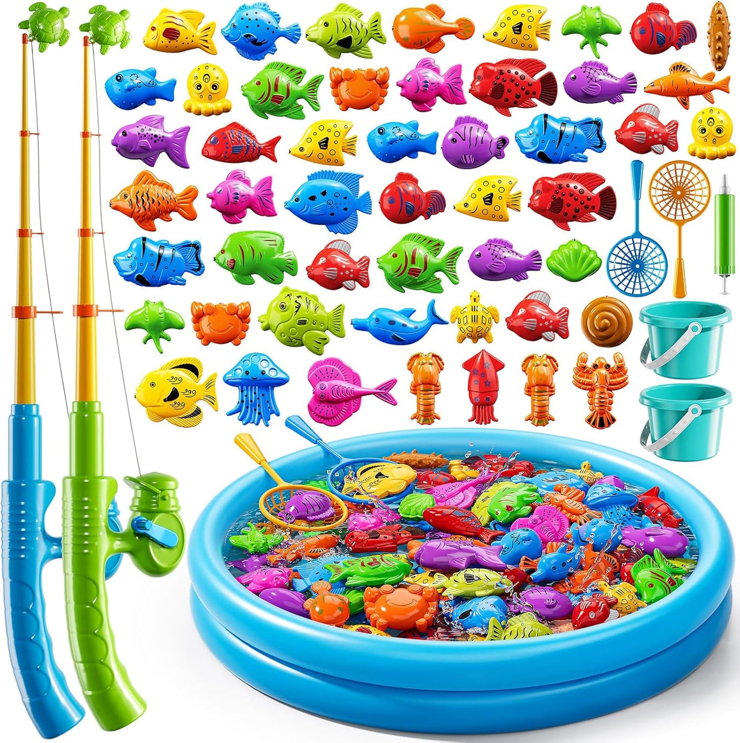 Magnet Fishing Toys Game for Kids 3-5 - Floating Fish Toys with Inflatable Kiddie Pool, Bath for Toddlers, Pole Rod Net, Outdoor Party for Boys Girls Kids Age 3 4 5 6 7 8 Year Old