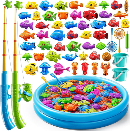 Magnet Fishing Toys Game for Kids 3-5 - Floating Fish Toys with Inflatable Kiddie Pool, Bath for Toddlers, Pole Rod Net, Outdoor Party for Boys Girls Kids Age 3 4 5 6 7 8 Year Old