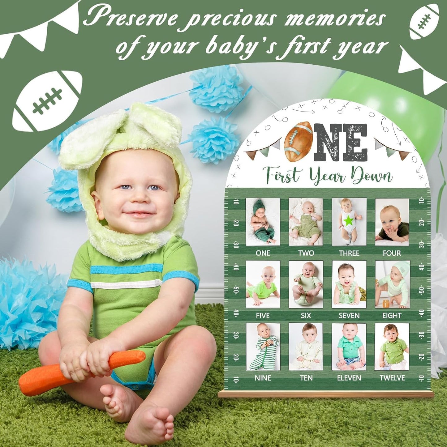 Football First Year Photo Board First Year Down Birthday Party Decorations Wooden Board 12 Monthly Milestone Picture Frame Sports 1st Birthday Photo Banner for Baby Boys Keepsake Gift Supply 2x2.8In