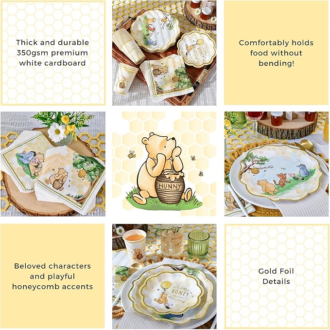 Kate Aspen Honey Bear 78-Piece Winnie Baby Shower Plates and Cups and Napkins Sets for 16 Guests, Classic Winnie Baby Shower Decorations Boy or Girl, Party Paper Plates & Party Supplies