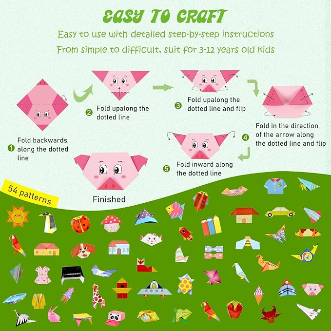 308 Sheets Origami Paper Kit, 5.5inch Craft Origami Set for Kids Ages 5-12, with 54 Patterns & Guiding Book for Beginners, Art Projects for Children Adult, Birthday Christmas Gifts for Boys&Girls
