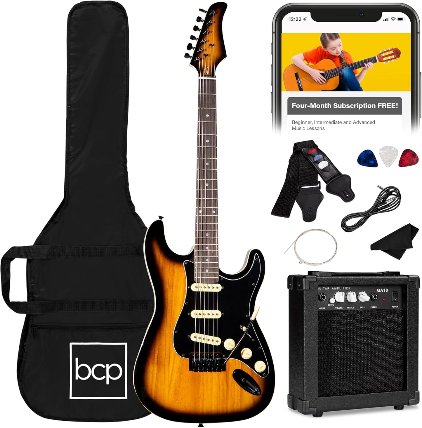 Best Choice Products 39in Full Size Beginner Electric Guitar Starter Kit w/Case, Strap, 10W Amp, Strings, Pick, Tremolo Bar - Sunburst