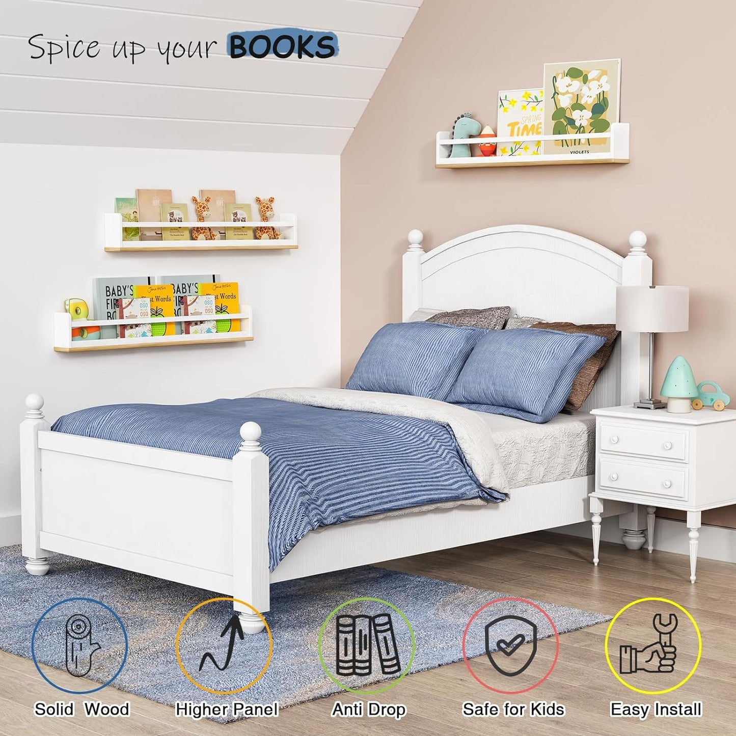 Upgraded Wall Bookshelf for Kids Room 36 Inches Long, White and Wood Nursery Floating Bookshelves for Wall, Hanging Book Shelves for Toddler Kid Child Bedoom Classroom Library-Set of 3