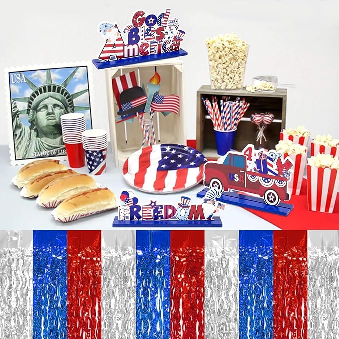 4P Wavy Metallic Tinsel Foil Fringe Table Skirts for Rectangle Tables Backdrop Garland Curtains for Parade Floats Wedding Birthday Parties Decoration Graduation 2025 Christmas (Red Blue White)