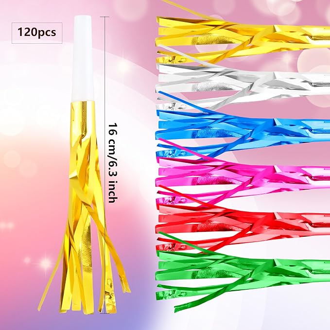 120 Pcs Glitter Bomb Noise Maker Gold Metallic Fringed Squawker Blowouts Silver Musical Blower Whistle for Birthday New Years Party Supplies Sporting Events Graduation (Multicolor Set 1)