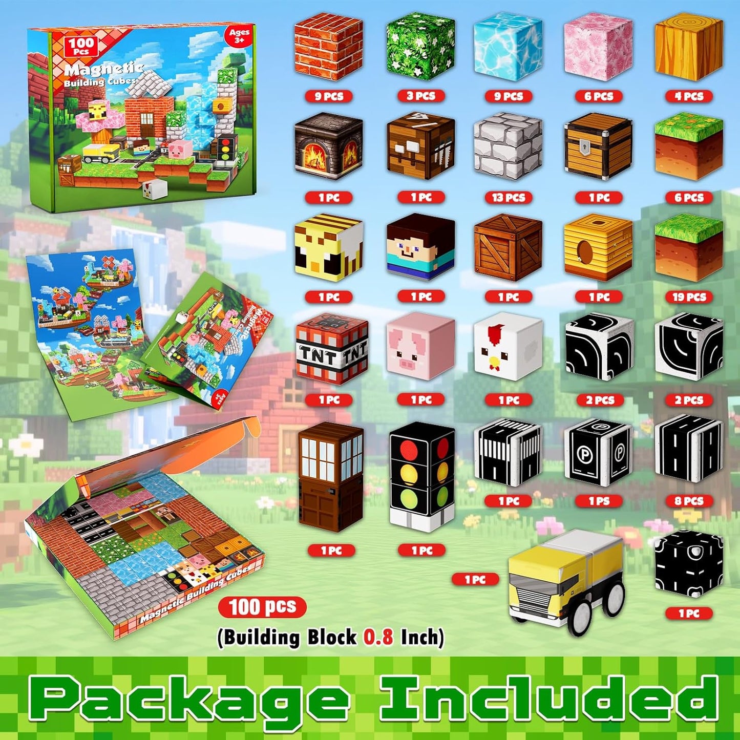 100 PCS 0.8in Magnetic Blocks - Magnet Toys & Magnetic Building Blocks Cubes, Stacking Magnets, STEM Toys for School Acitivities, Birthday Gifts for Boys Age 3+ Years Old (Theme: Forests)
