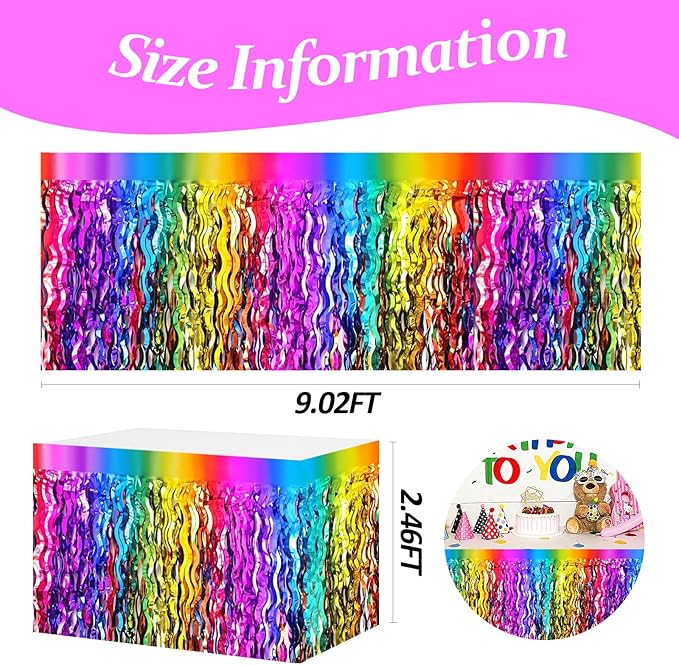 4P Wavy Metallic Tinsel Foil Fringe Table Skirts for Rectangle Tables Backdrop Garland Curtains for Parade Floats Wedding Birthday Parties Decoration Graduation 2025 Christmas (Rainbow)