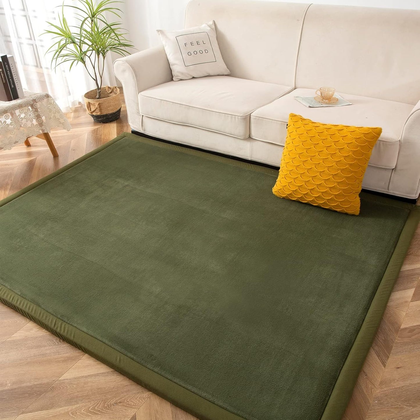 MAXYOYO Coral Velvet Area Rug, Thick Japanese Tatami Mat Living Room Carpet with Non-Slip Backing, Large Solid Color Mat for Bedroom Dormitory Yoga, Olive Green, 78 by 118 inch