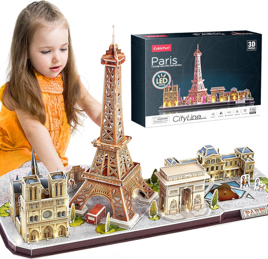 CubicFun 3D Puzzle LED Paris Cityline, 115 Pieces, 1 Count, Ages 8-12, Modern Style, Unisex, Gray, Intermediate Skill, Patience Skill, 15.748 x 4 x 12.87 inches, Assembly & Disassembly, PUZZLES