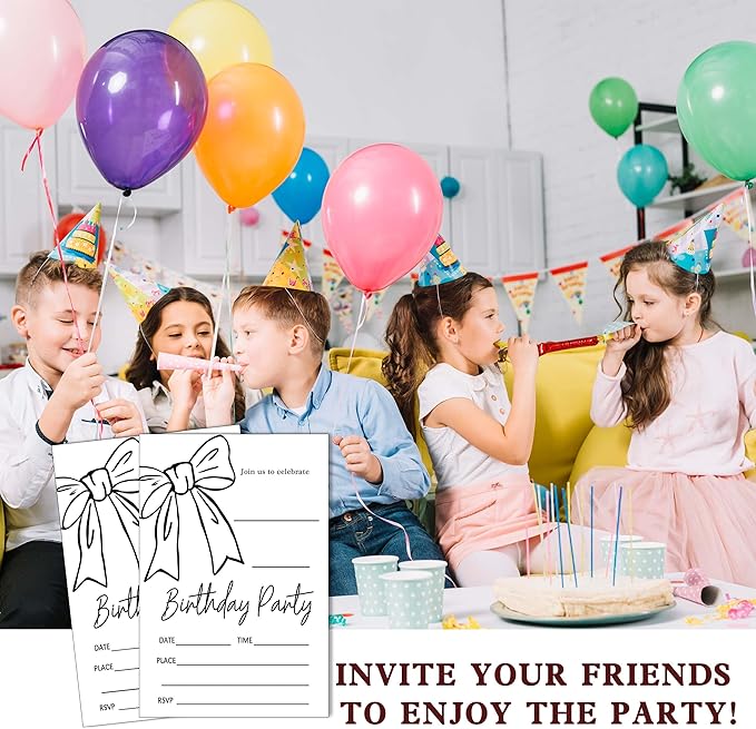 SIXEIGHT Black Bow Birthday Decorations, Black Ribbon Bow Birthday Party Invitations, 20 Party Invitations with Envelopes for Girls Boys, Bows Decorations Supplies, 4"x6"-A10
