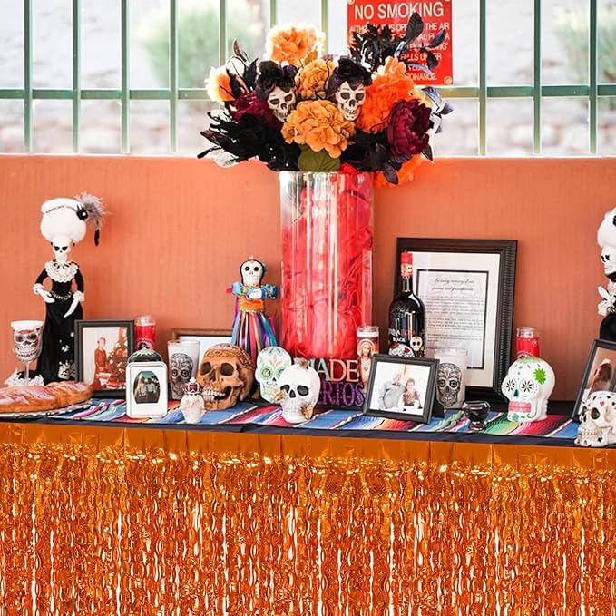 4P Wavy Metallic Tinsel Foil Fringe Table Skirts for Rectangle Tables Backdrop Garland Curtains for Parade Floats Wedding Birthday Parties Decoration Graduation 2025 Christmas (Orange)