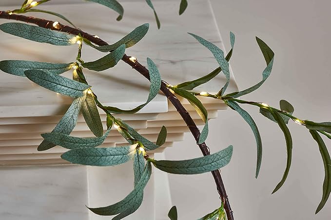 Hairui Lighted Artificial Olive Garland 6FT 96 LED Fairy Lights Battery Operated, Faux Vine Lights with Timer for Spring Christmas Holiday Fireplace Décor