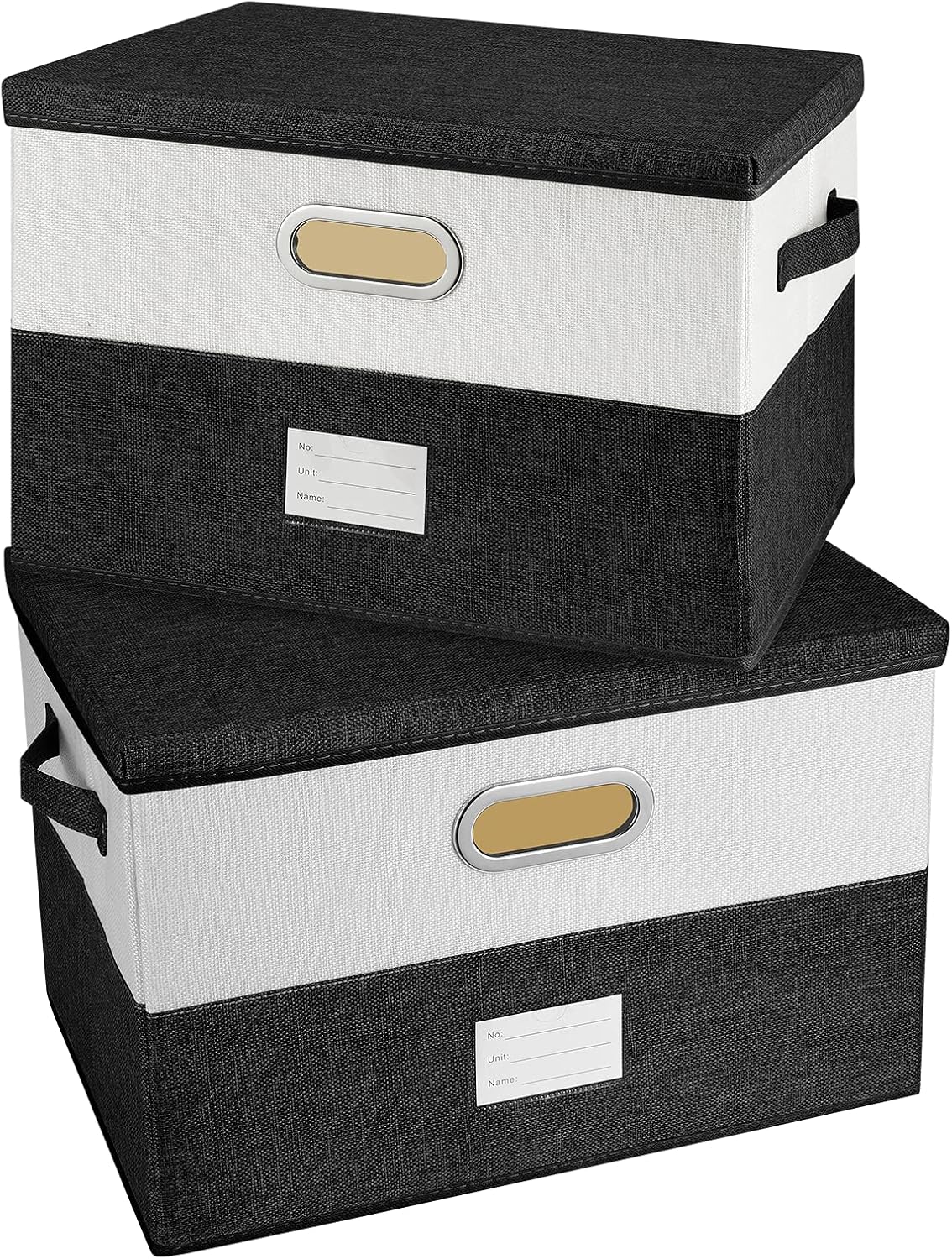Large Linen Fabric Foldable Storage Bins with Removable Lid and Handles, Washable Storage Box Organizer Containers Baskets Cube with Cover for Bedroom,Office (Black&White, Medium(2-Pack))