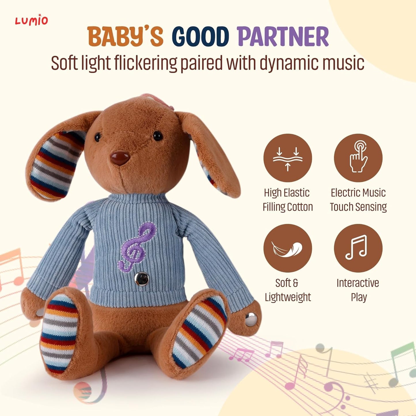 Lumio Musical Stuffed Animal Plush Toy with Lights & Sounds - Cute Interactive Toy for Newborns, and 3 6 12 to 48 Months (Bunny)