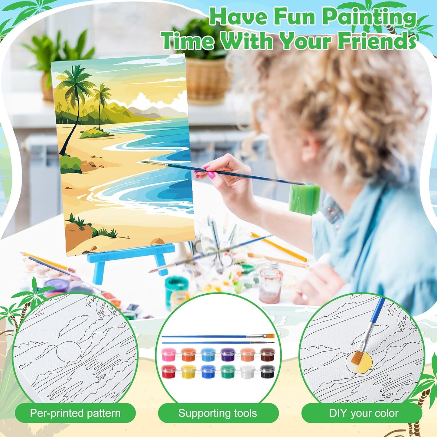 Blosssound 10 Set Pre Printed Canvas Pre Drawn Canvas Painting with Easel Kits 5" x 7" Outline Painting Panels for Beginners, DIY Craft Project, Party Favor, Home Decors(Hawaii)