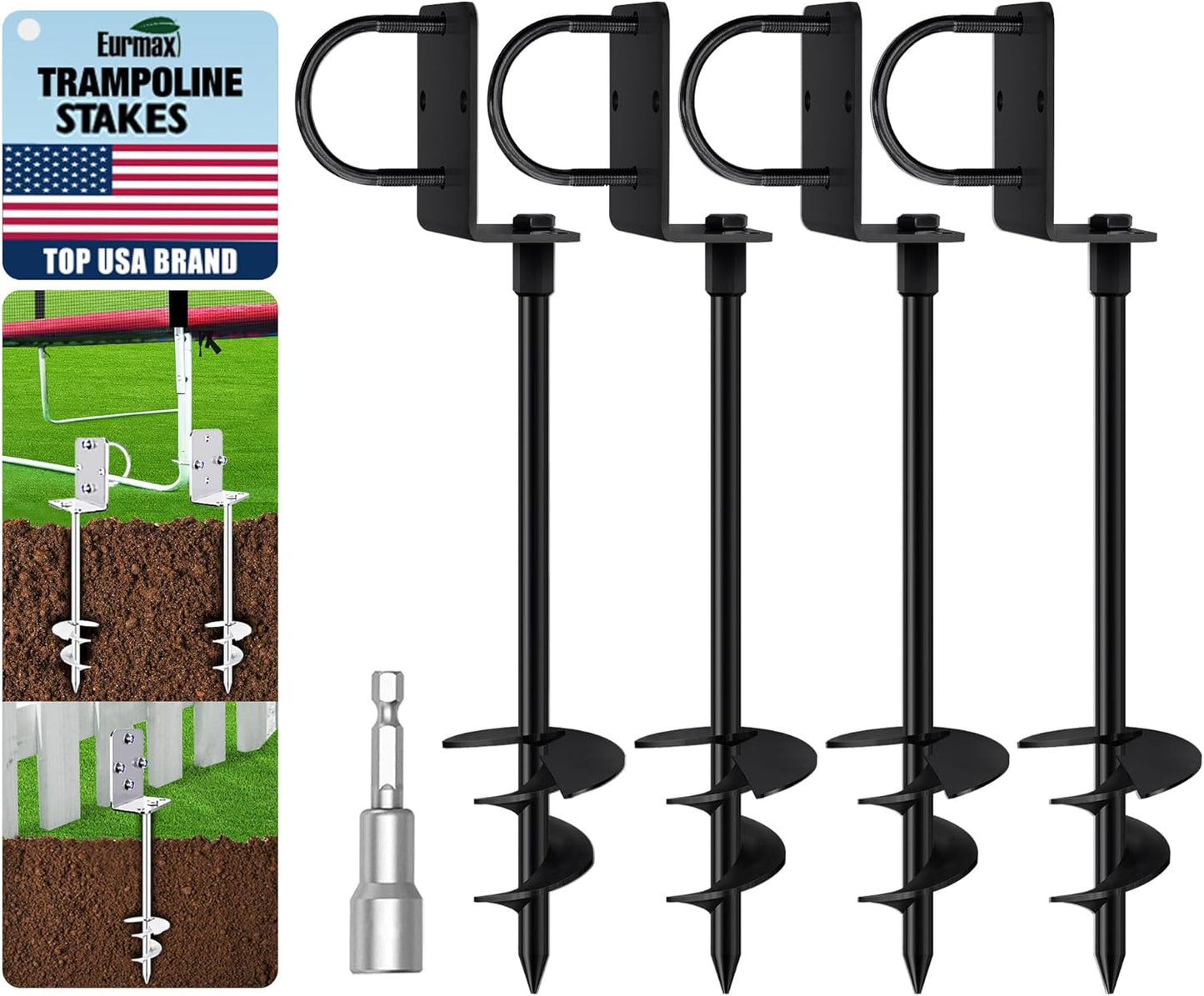 Eurmax USA Ground Anchors Heavy Duty Adjustable L-Shaped Head Shed Tent Stakes Trampoline Anchors, Trampoline Stakes for Sheds,Swing Sets,Mobile Home,Carports Set of 4(Black)