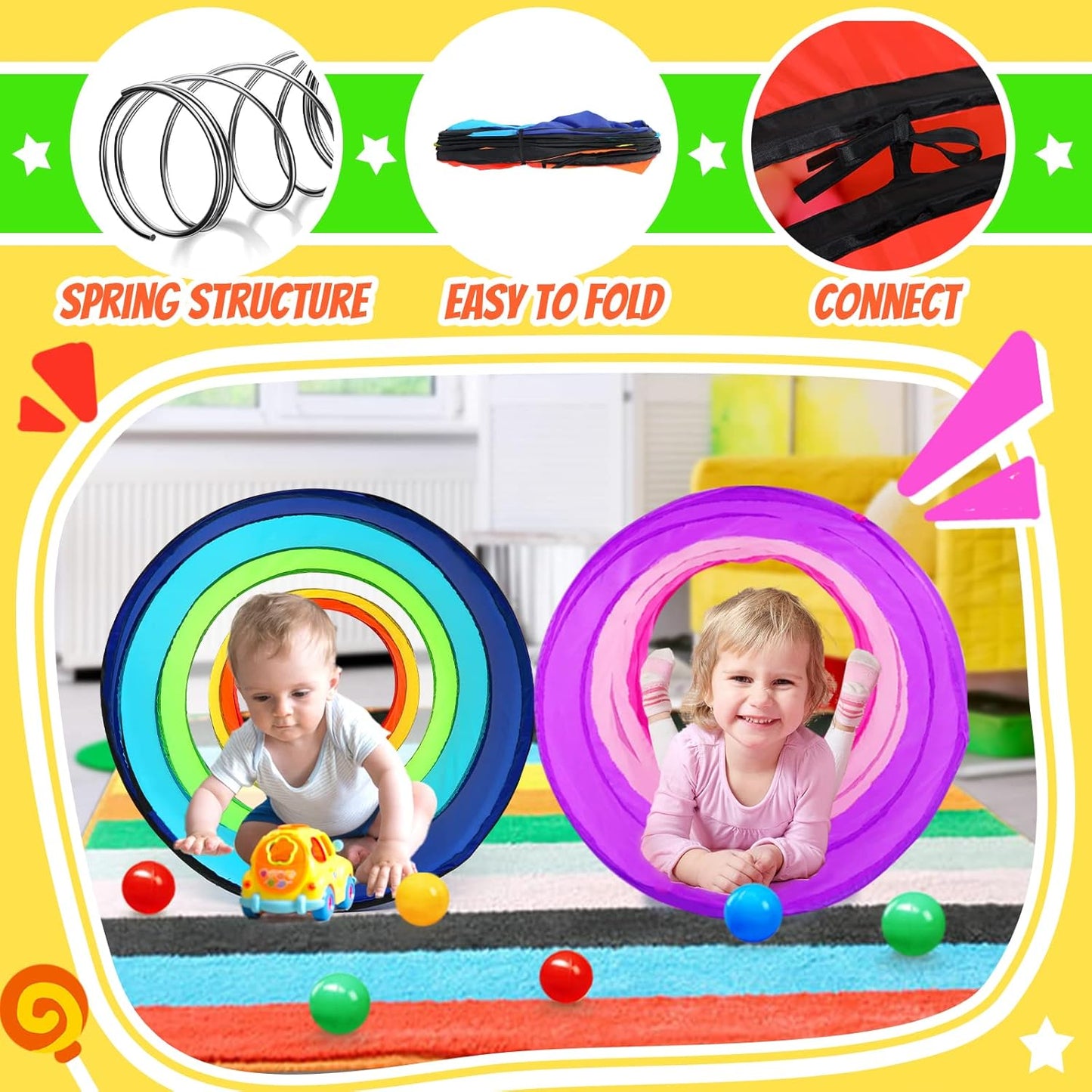 Kids Play Tunnel Tent for Toddler, 2 Pack 6-ft Pop Up Crawl Tunnel Toy for Baby Children or Dog Cat, Collapsible Gift for Boy and Girl Play Tunnel Indoor Outdoor Game (Rainbow Tunnel+Pink Tunnel)