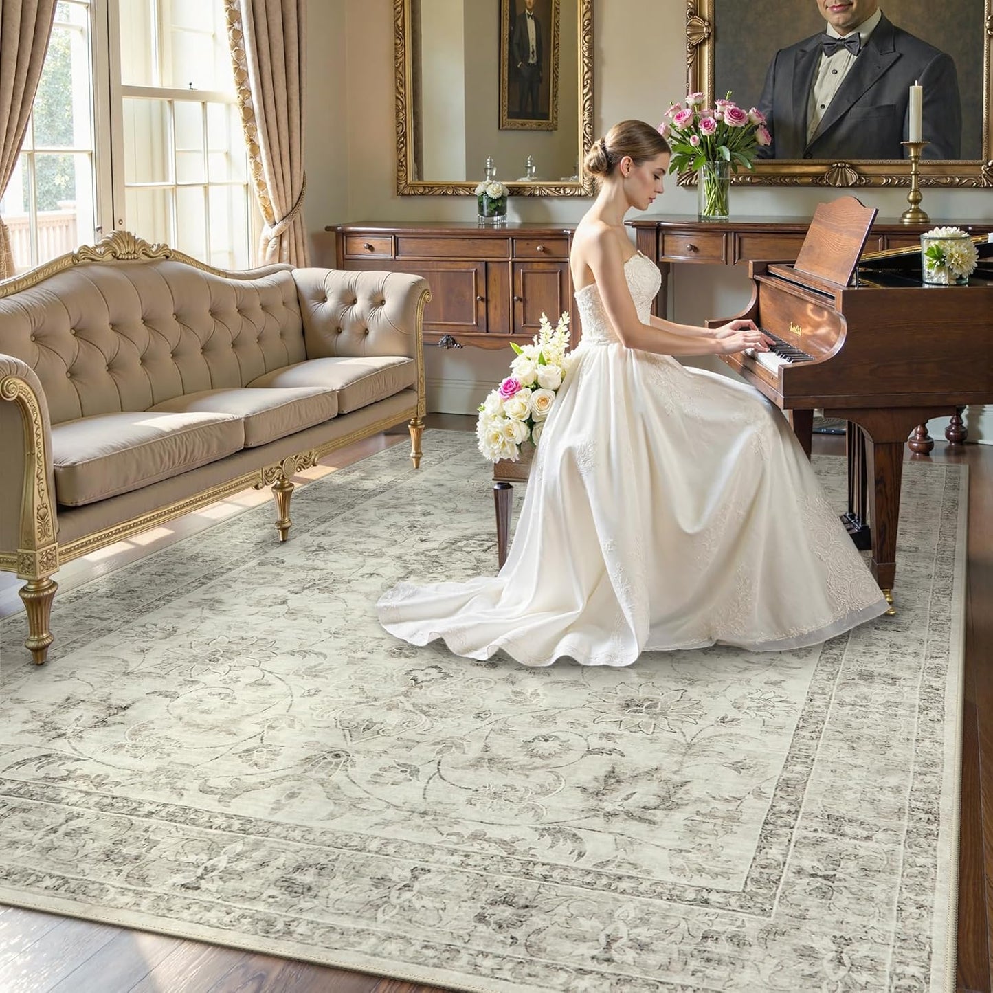 LIVEBOX Washable Area Rug 9x12 Rugs for Living Room Bedroom, Non-Slip Boho Indoor Carpet for Dining Room Office, Low-Pile Farmhouse Soft Carpets for Kids Nursery Room Playroom, Taupe