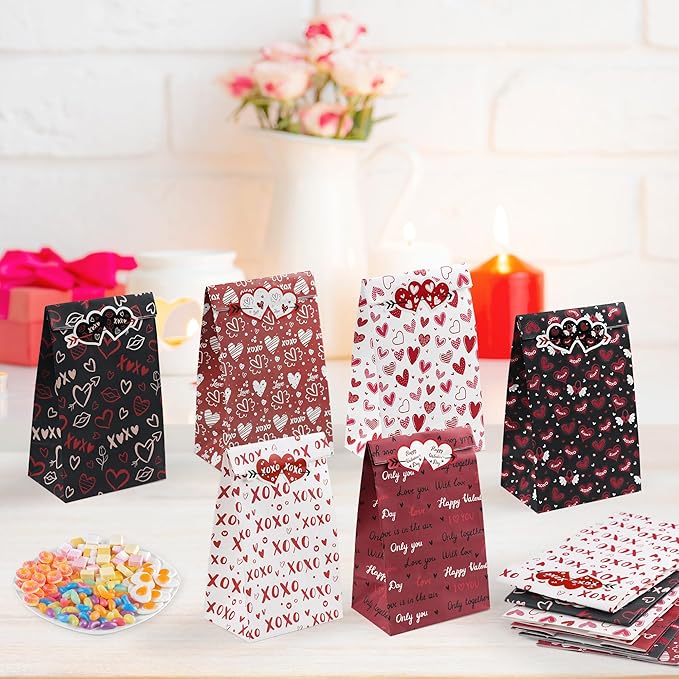 Valentines Bags - 24 PCS Valentines Gift Bags for Class School,Valentine Treat Bags with Stickers - Valentine Goodie Bags for Kids | Valentine's Day Gifts for Kids - Valentine's Decorations Party Favors