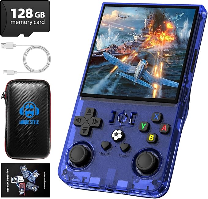 R36MAX Retro Handheld Game Console, 4.0 Inch 720x720 IPS Screen, Built-in 22,000+ Classic Game, Portable Hand Held Open Source Linux System, 4000mAh Battery Retro Gaming Console (Blue 128GB)