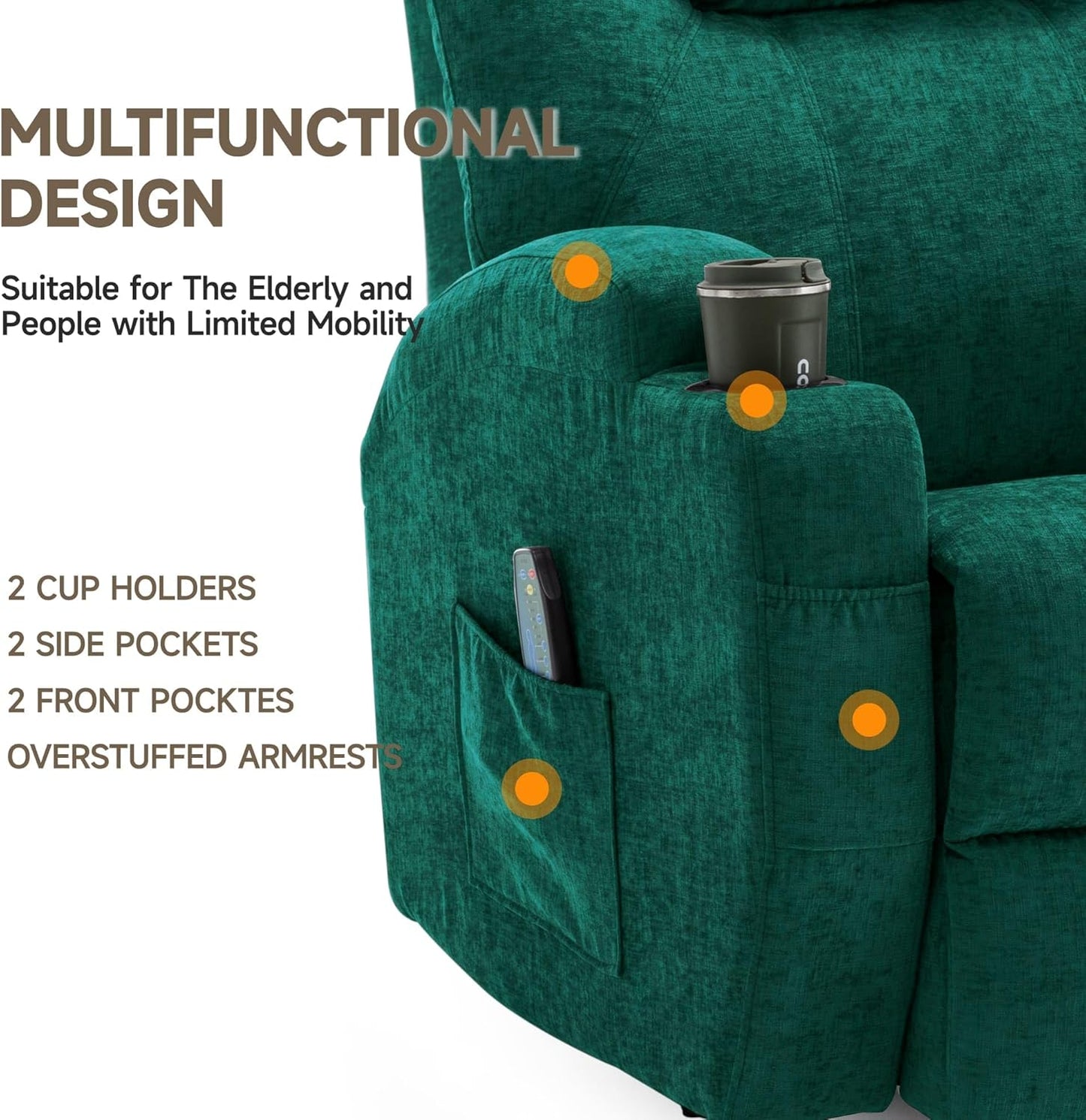 Recliner Chair, Rocking Recliner Chair for Adults with Massage and Heat, Swivel Rocker Recliner with Remote and Cup Holder, Cashmere Manual Recliner for Nursery, Living Room, Green