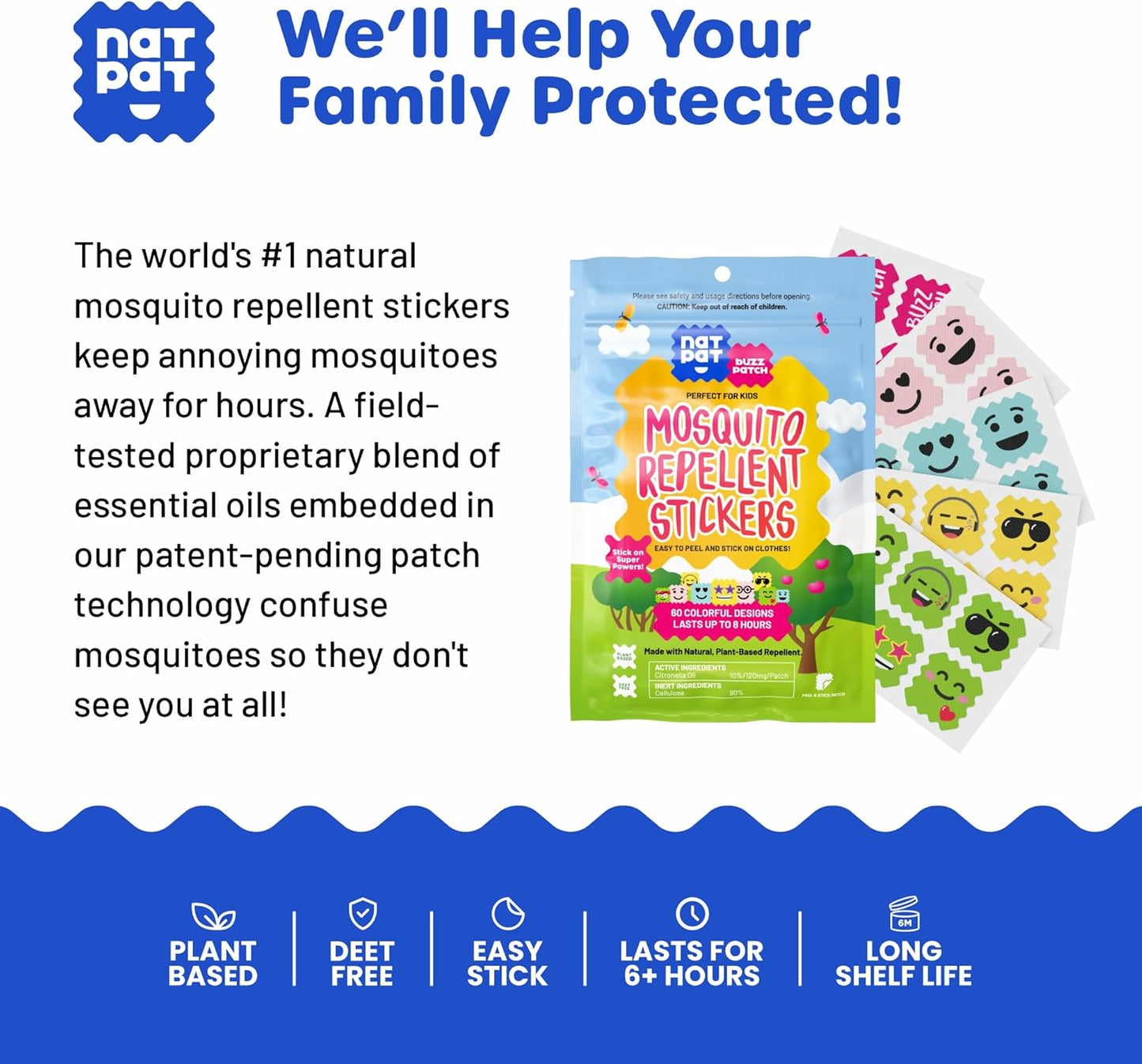 NATPAT Buzz Patch Mosquito Patch Stickers for Kids (3 pack, 180 stickers) - The Original All Natural Citronella Essential Oil Insect Patch, Plant Based Ingredients, Non-Toxic, DEET Free, for Toddlers,