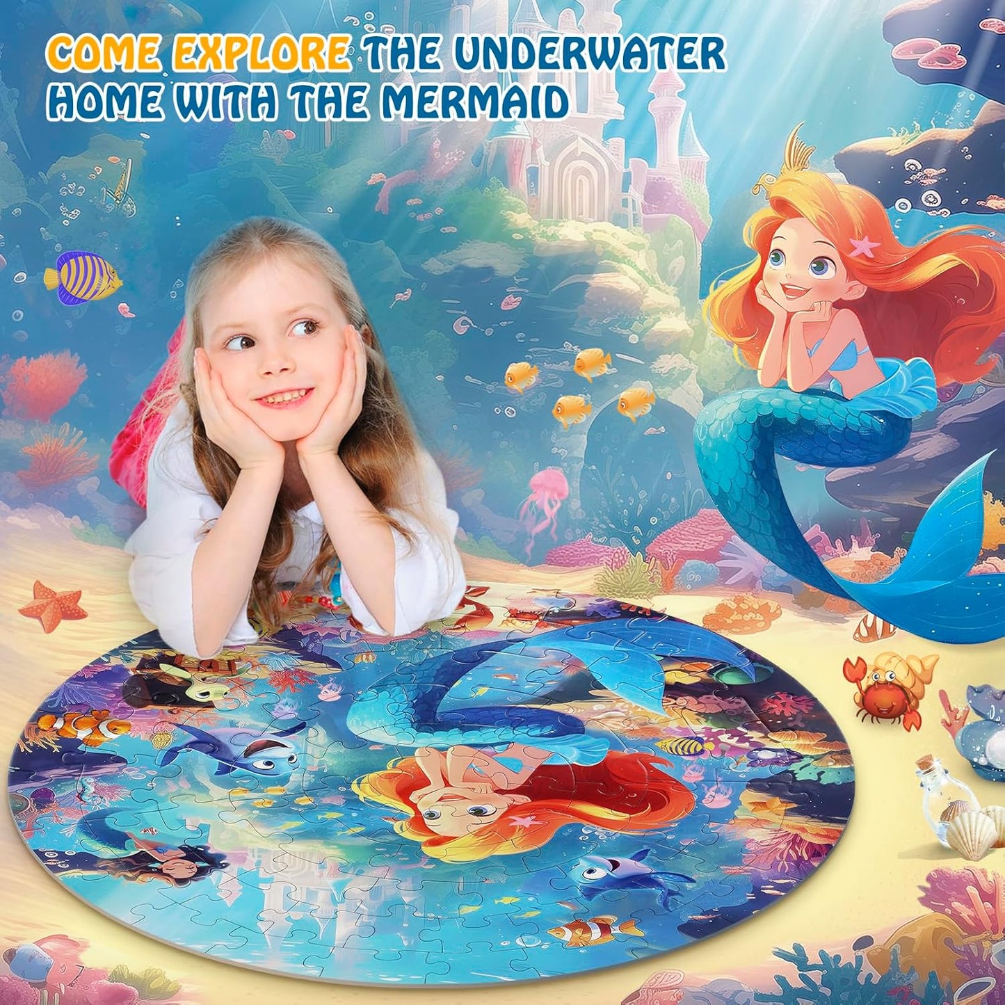 Floor Puzzles for Kids Ages 3-5, 70 Pieces Mermaid Jigsaw Puzzle for Toddler Girls Ages 3 4 5 6 7 8 Year Old, Large Round Underwater Princess Puzzle Educational Learning Toys Birthday Gift