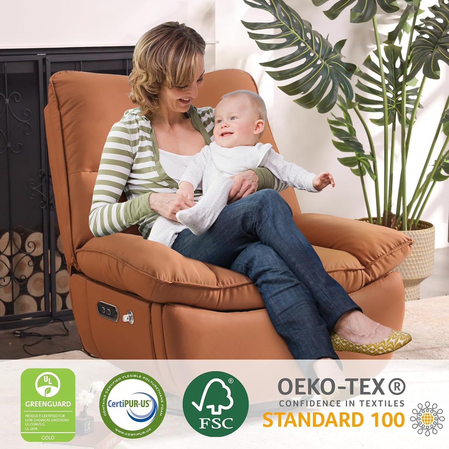 Rocking Chair Nursery with Power Adjustable, Electric Glider Recliner Nursing Chair for Breastfeeding with USB Port and Storage (Orange)