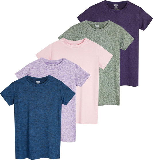 Real Essentials 5 Pack: Girls Short Sleeve Dry-Fit Crew Neck Active Athletic Performance T-Shirt