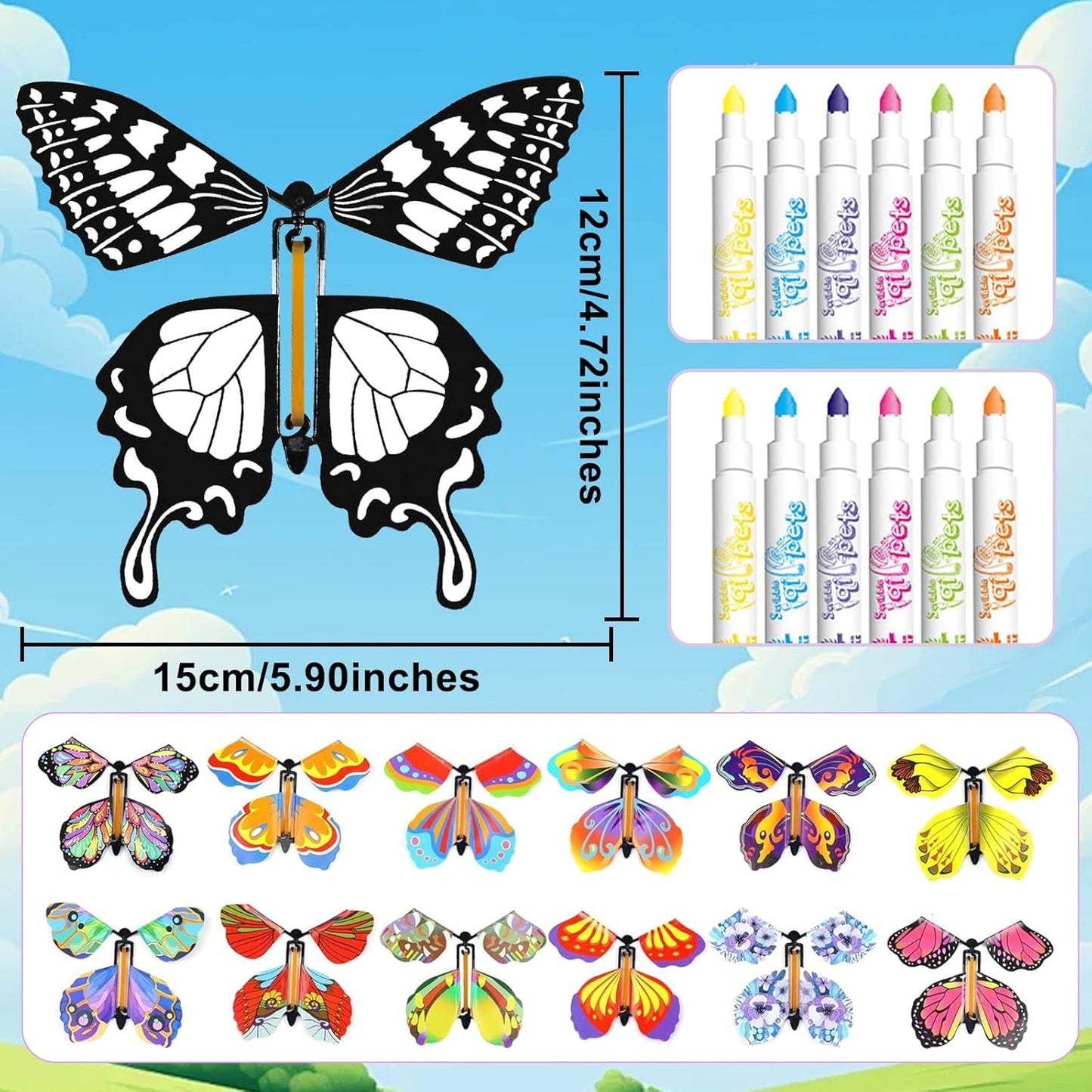 SANYIYIBA 24 Pack Flying Butterfly Craft Kit with 12 Wind Up Butterflies and 12 Color Pens DIY Toys for Kids' Parties School Activities and Parent-Child Fun