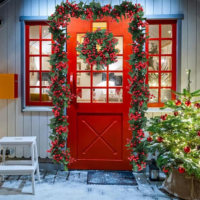 Uguisu 2pcs 5.6ft Red Artificial Christmas Garland,Eucalyptus Green Garland with Berry Flower Clusters,Artificial Vines for Fireplaces,Dining Tables,Christmas Parties