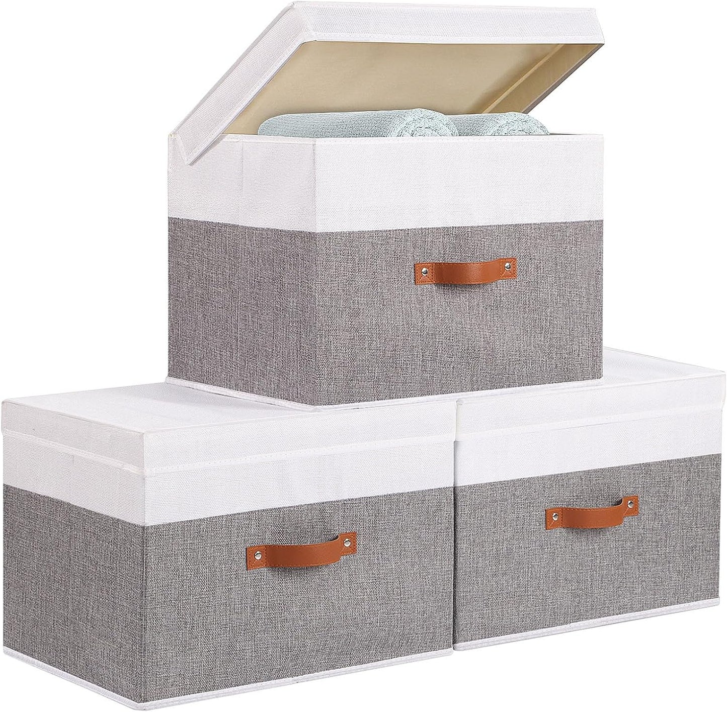 Fabric Storage Boxes with Lids, Linen Foldable Cloth Baskets, 17.7 x 11.8 x 11.8 Inch Closet Organizer Containers with Double Handles, Sweater Bins for Bedroom, White and Grey, 3 Pack