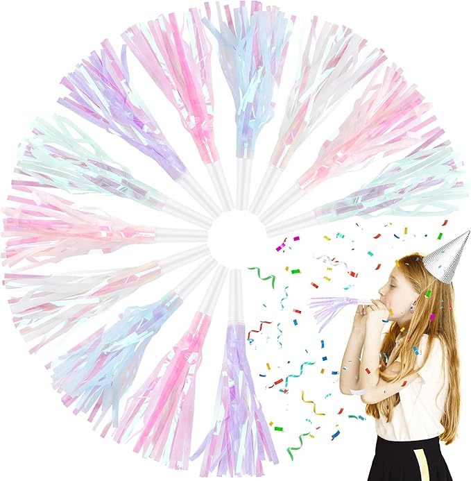 12 Pcs Party Blowers Glitter Noise Makers Metallic Fringed Party Horns for Adults Birthday Graduation New Years Party Favors Supplies