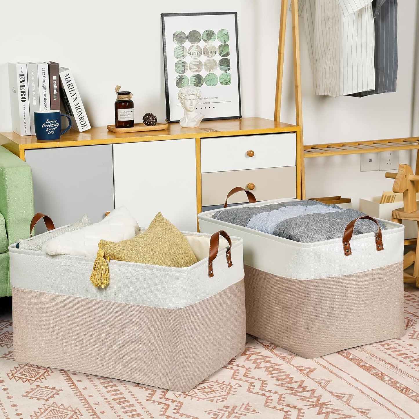 DULLEMELO Extra Large Baskets for Organizing, 22" X 15" X 13" Rectangle Fabric Storage Bins, Foldable Blanket Basket Living Room, Large Kids Toy Storage Organizer Bins, Baby Basket Gift (White&Khaki)