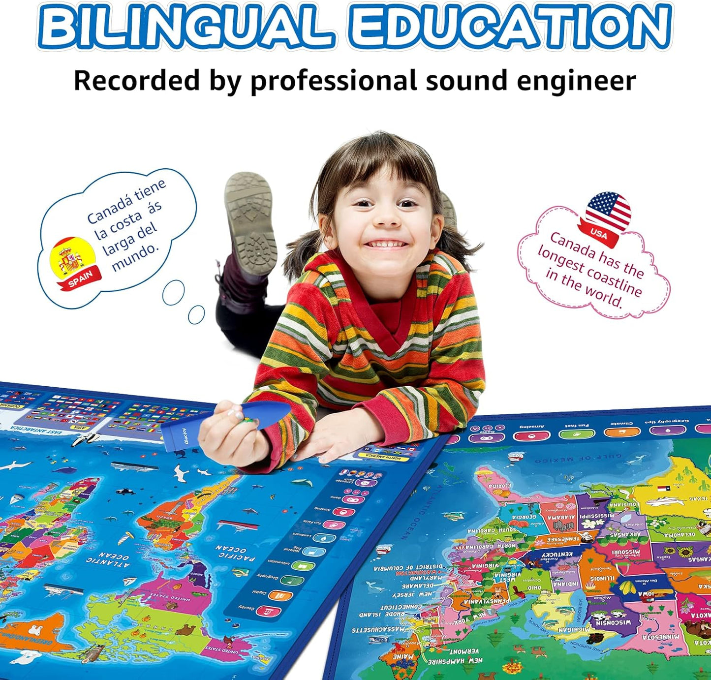 Bilingual Interactive for Kids Talking USA Map World Map for Kids Learning, Geography Toys Games Educational Electronic Map Personalized Gift/Toys for 4 5 6 7 8 9 10 Year Old Girls/Boys