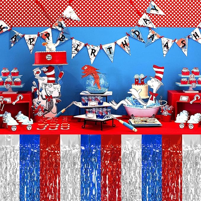 4P Wavy Metallic Tinsel Foil Fringe Table Skirts for Rectangle Tables Backdrop Garland Curtains for Parade Floats Wedding Birthday Parties Decoration Graduation 2025 Christmas (Red Blue White)