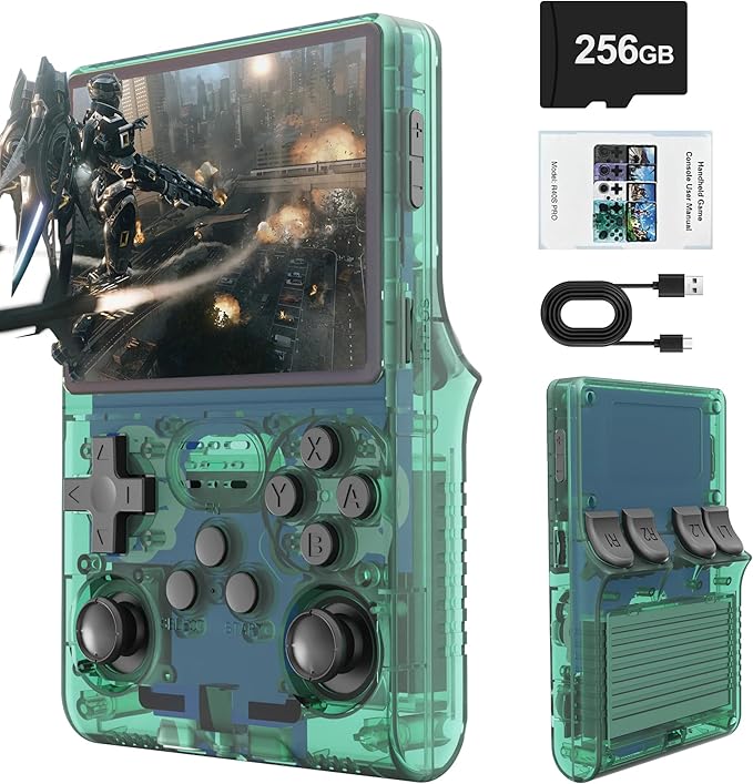 R40S PRO Retro Gaming Console, 30000+ HD Games Handheld Game Console, 3800mAh Rechargeable Mini Retro Video Console with 256GB TF Card, Portable Pocket Arcade (Transparent Green)