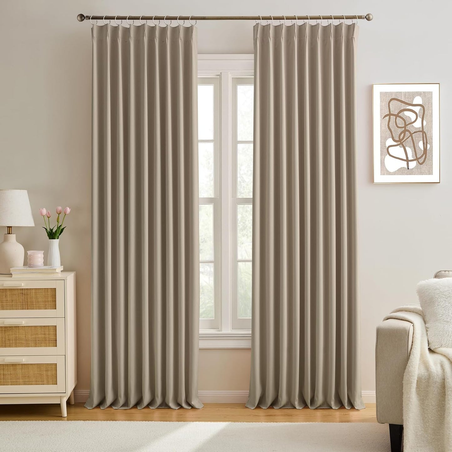 KEQIAOSUOCAI 60 Wide Pinch Pleated Window Curtain Panels 95 Inches Long Custom Made Pleated Curtains Hooks Track Privacy Memory Shape Drape for Living Room,Khaki, Set of 2=120 Inch Wide