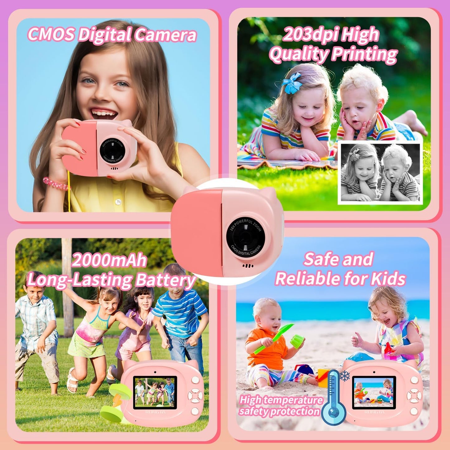 Instant Print Camera Toy for Kids, Girls Birthday Gifts for 3 4 5 6 7 8 Year Old Learning Music Story Player, 1080P HD Dual-Lens Creative Instant Camera (Pink)