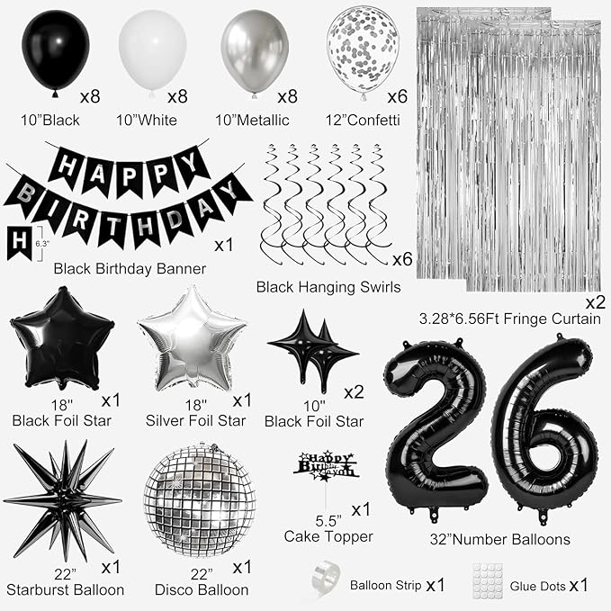 26th Birthday Decorations for Men Women, Black Silver Happy Birthday Party Decorations， 26 Year Old Party Supplies with Number 26 Balloons, Banner, Fringe Curtains Kit