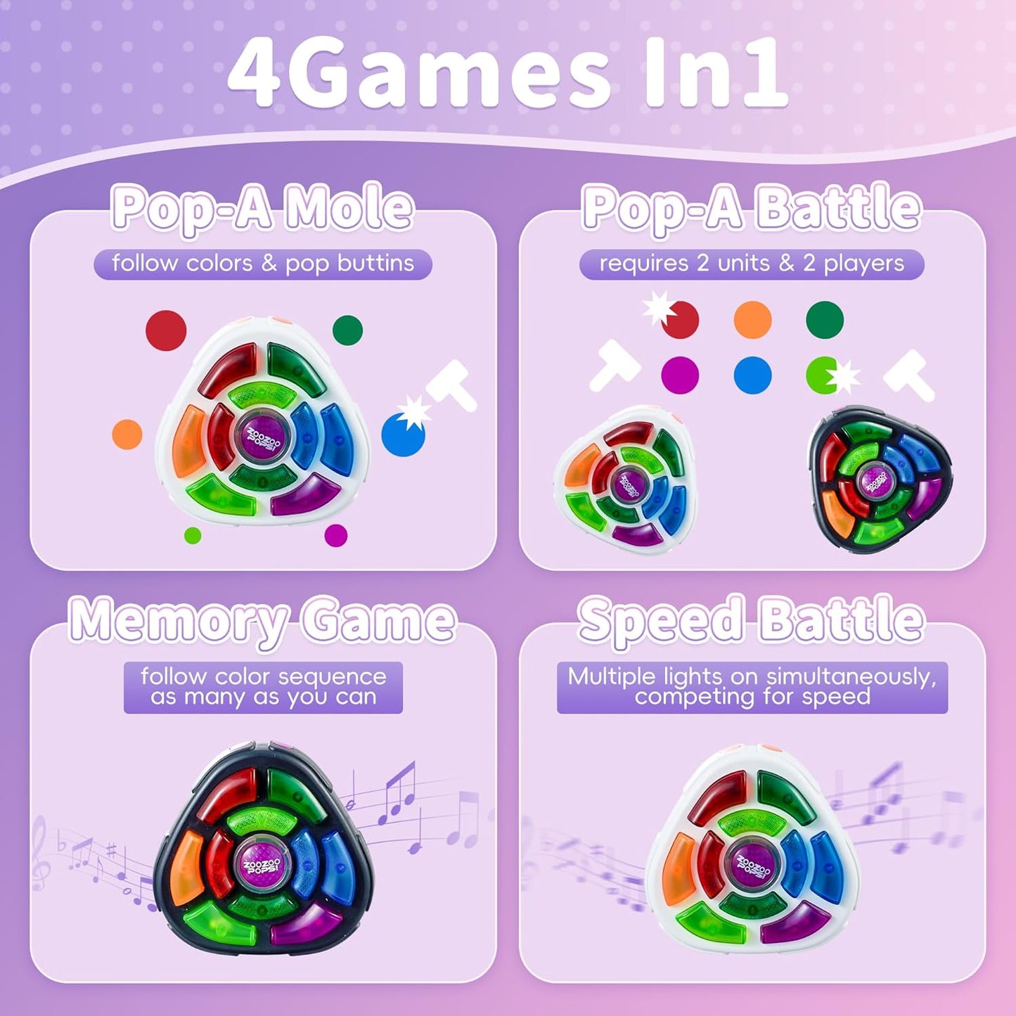 MINDNOOK 2Pcs Electronic Memory Game for 1-2 Players, Kids Handheld Game with Lights & Sounds, Brain Challenge Toy for Ages 3+, Birthday Gifts for Boys & Girls, Black & White