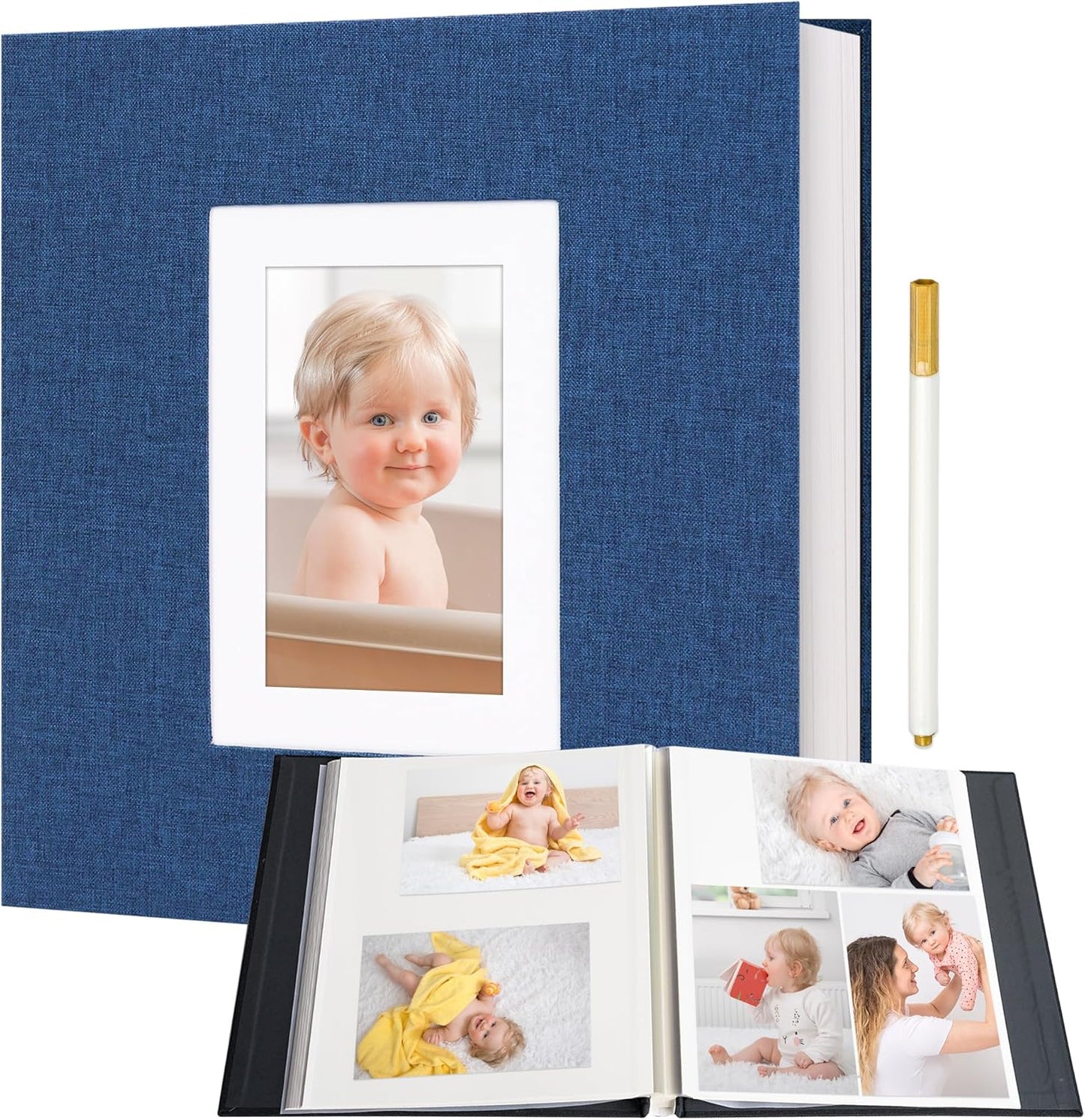 Vienrose Photo Album Self Adhesive for 2x3 4x6 5x7 8x10 Pictures DIY Scrapbook 60 Blank Pages Linen Cover Memory Book for Wedding, Baby Growth, Travel, Blue