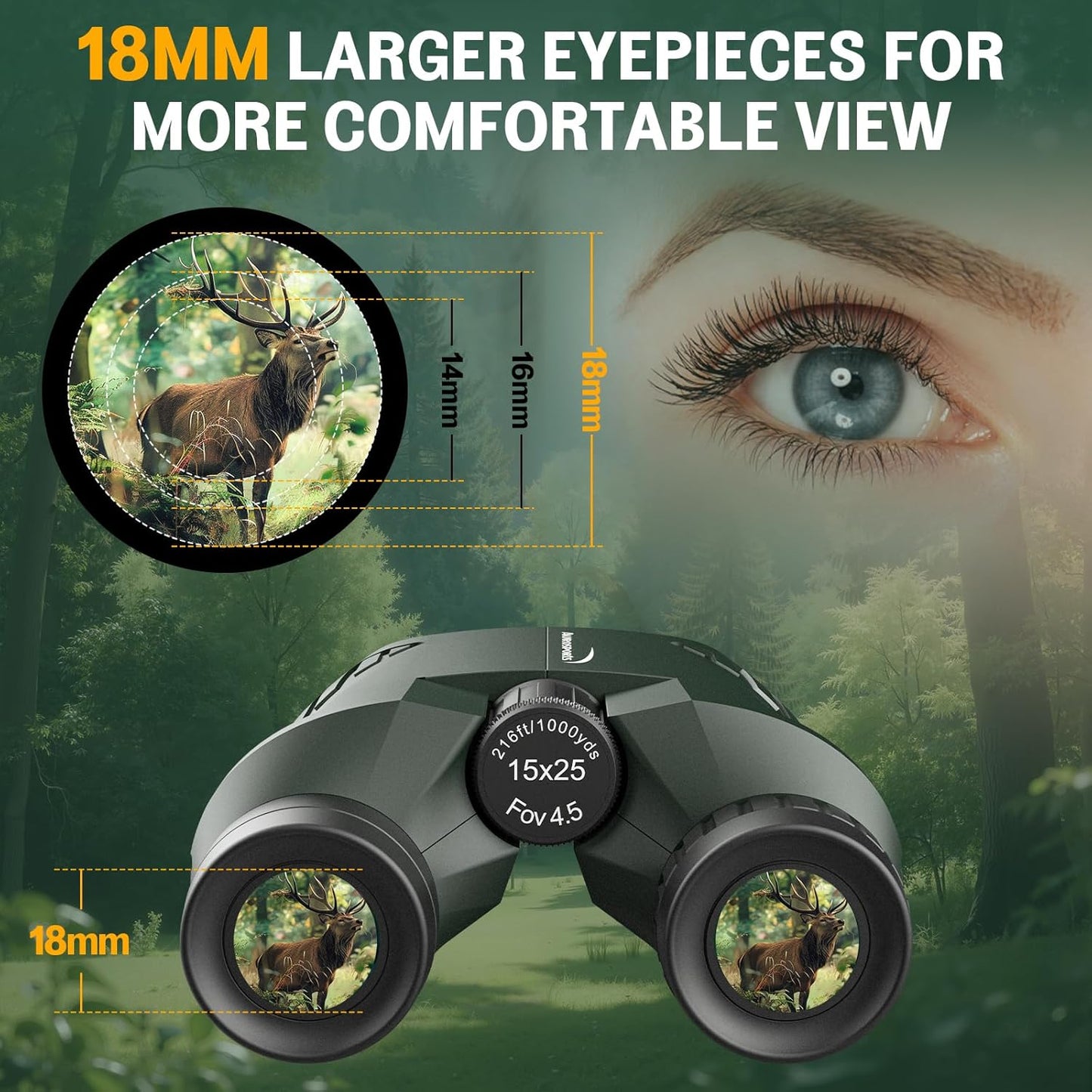 Aurosports 15x25 Compact Binoculars for Adult Kids - High Power Binoculars for Bird Watching - Easy Focus Small Binocular with Low Light Vision for Travel, Camping, Concert, Hiking -Green