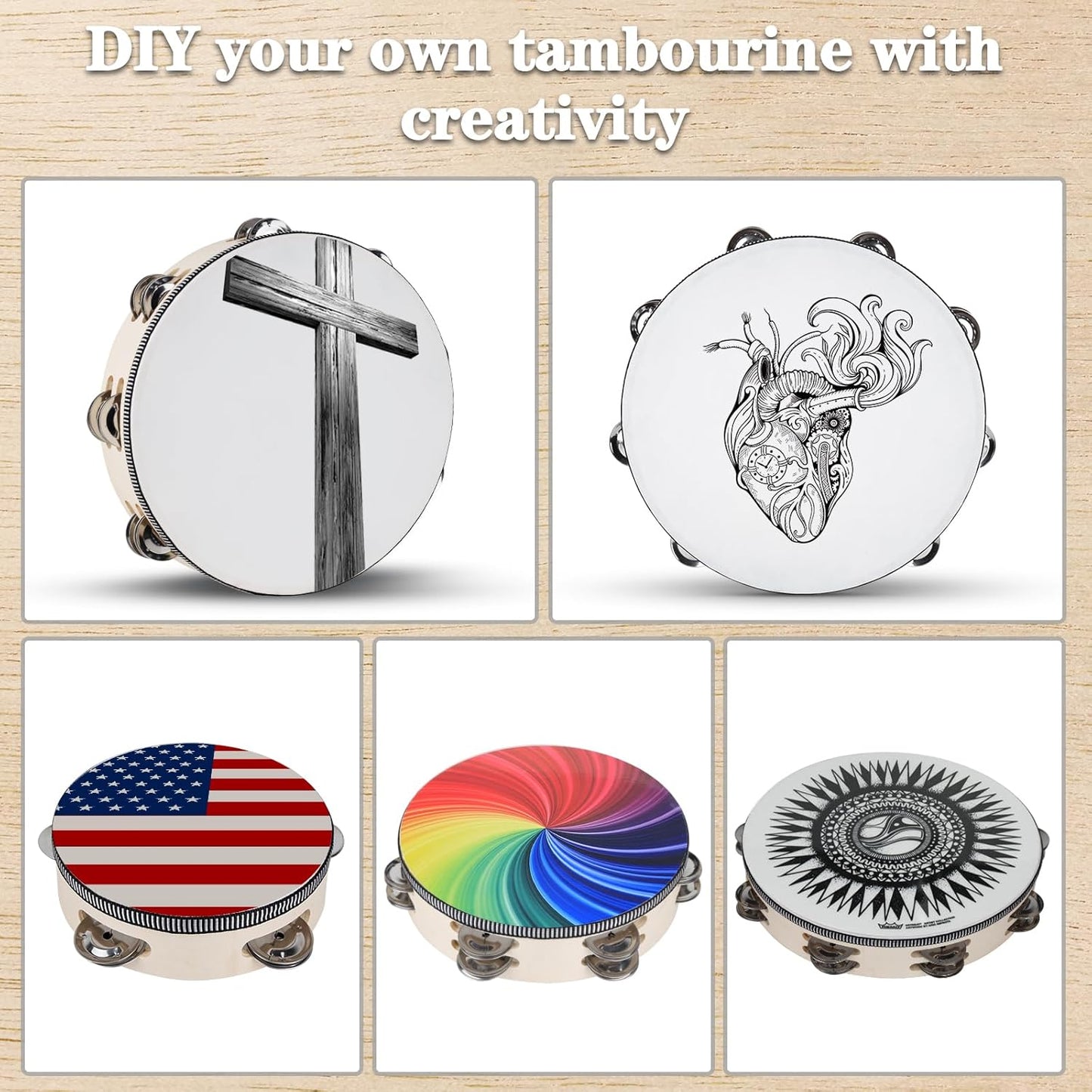 Wooden Hand Held Percussion Tambourine with Storage Bag - 6+8+10 Inches, Ideal for Church, Wedding, Party, Dance, Photo Shoot