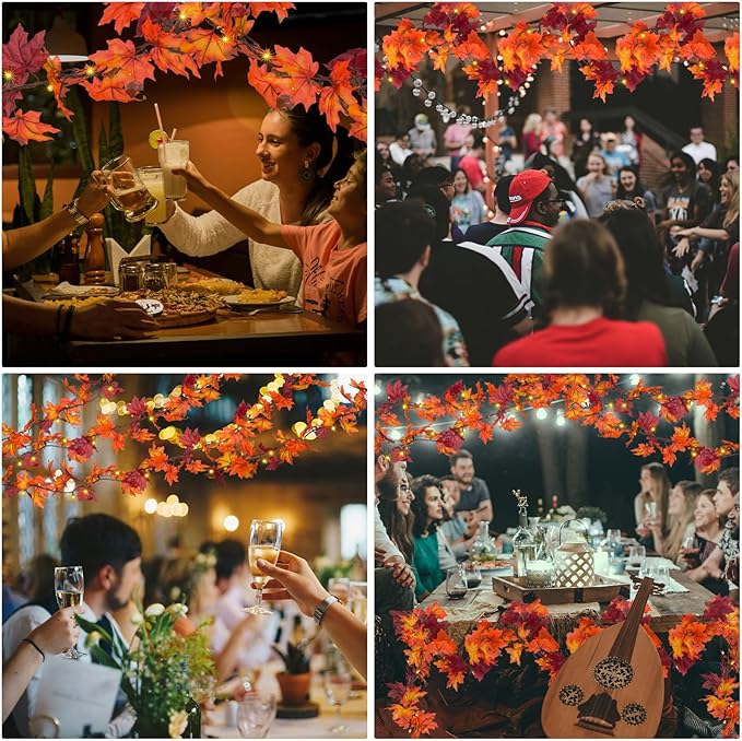 Fall Decor Thanksgiving Decorations for Home Lighted Fall Leaves String Lights, 11FT Thanksgiving Lighted Fall Leaf Garland Lights, 50 Orange Bulbs Lighted Fall Garland with Lights Plug in Outdoor