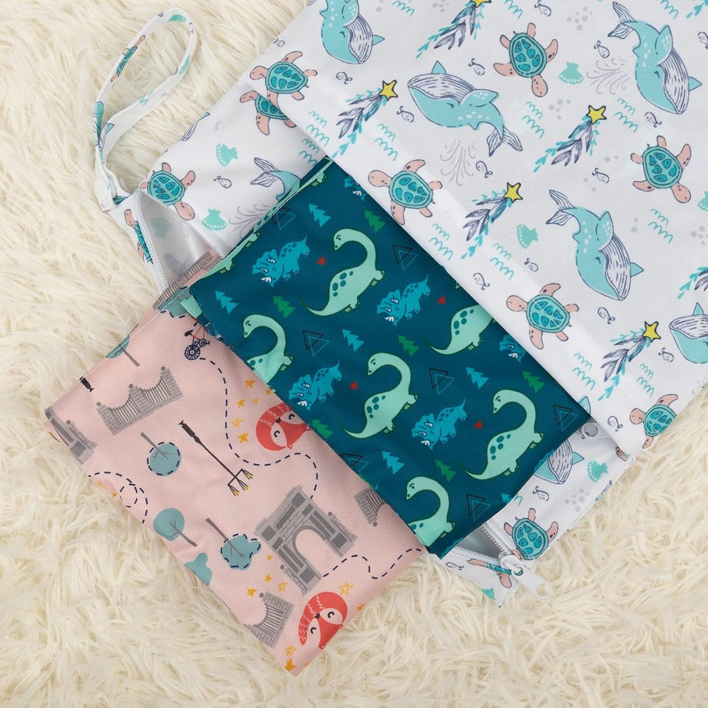 babygoal Wet Dry Bags 3 Pack for Baby Cloth Diapers, Washable Travel Bags, Beach, Pool, Gym Bag for Swimsuits & Wet Clothes with Two Zippered Pockets 3LN17