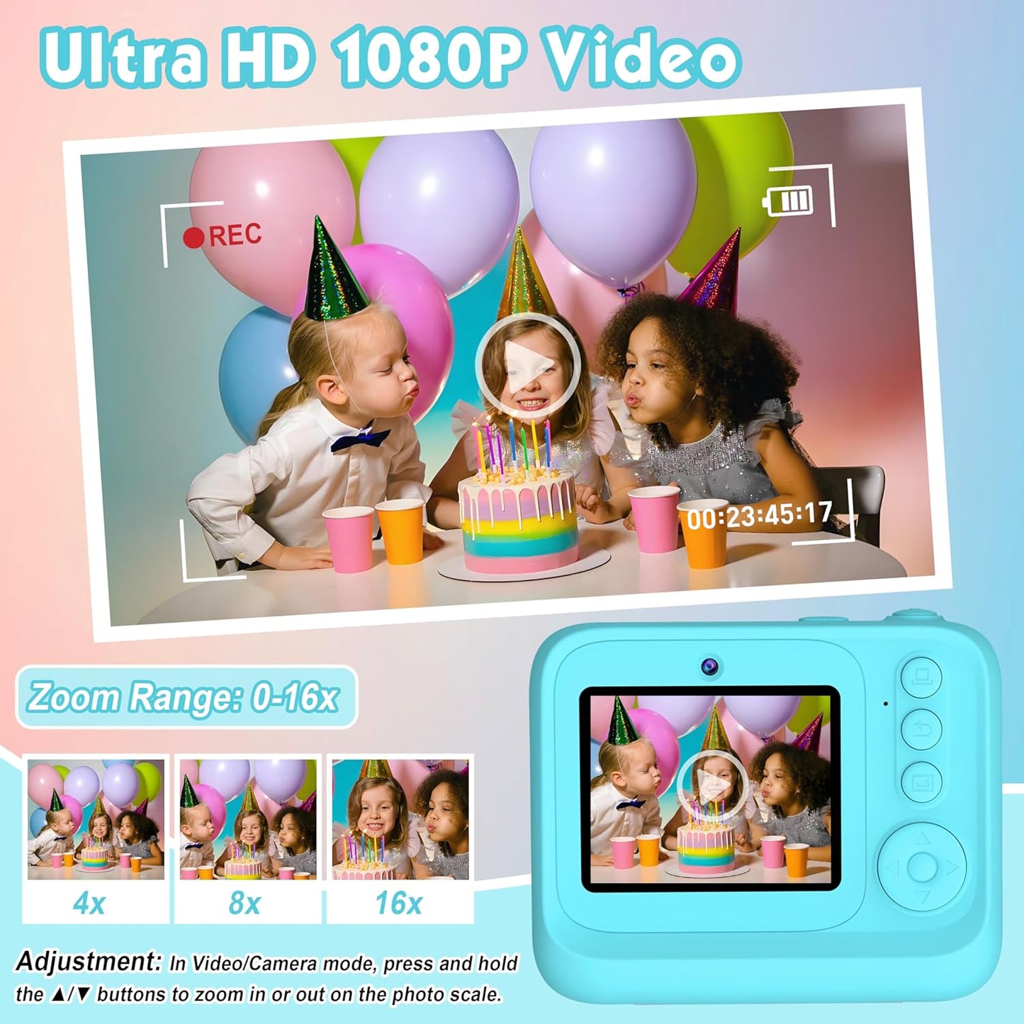 Kids Camera, Upgrade Kids Camera Instant Print, Front Rear Dual Selfie Digital CAM with 1080P Videos, Portable Travel Toy with Games and Music, Christmas Birthday Gift for Boys, Girls and Teens