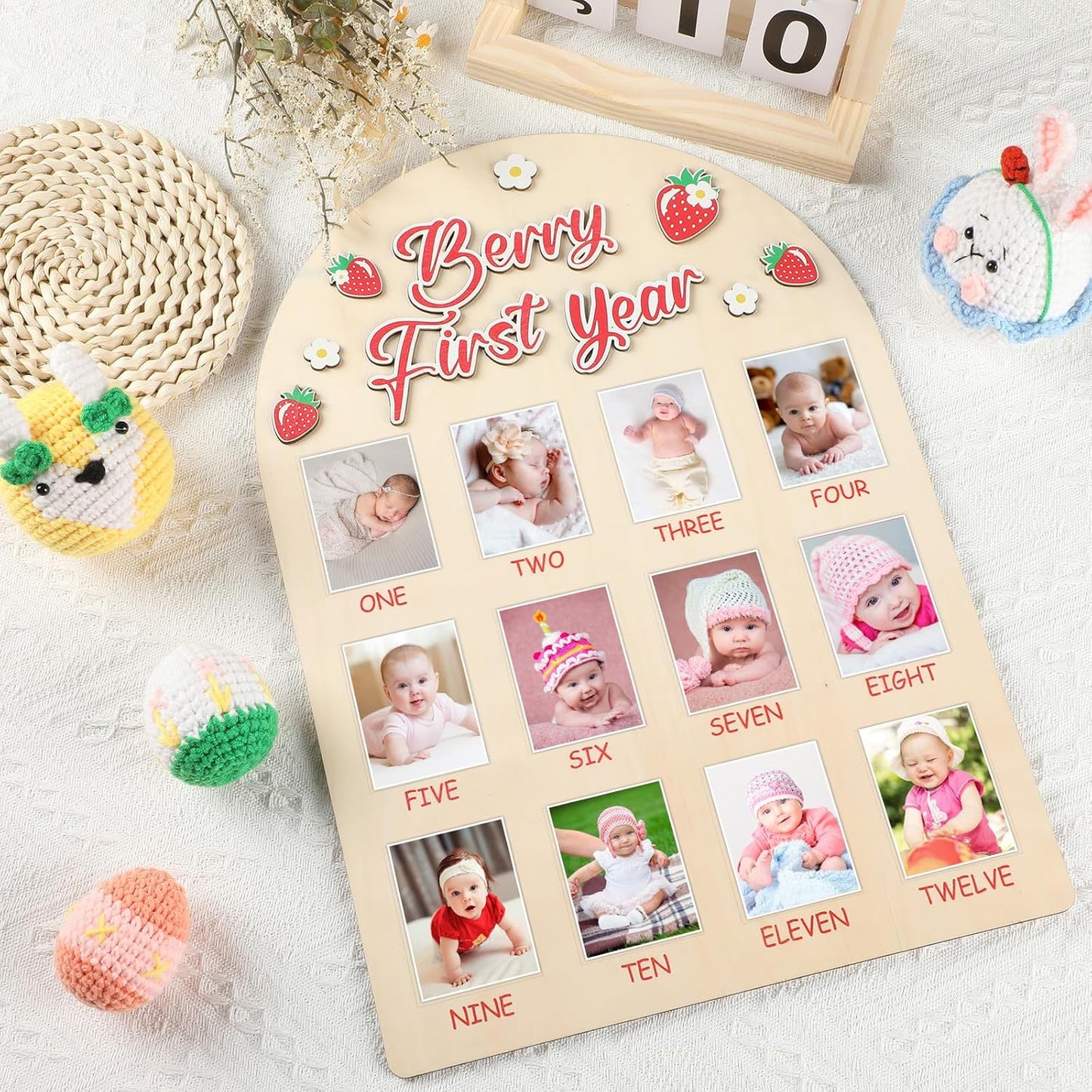 Berry First Year Photo Board Strawberry Birthday Party Wooden Board Decorations 12 Monthly Milestone Picture Frame One Year Old Wood Sign 1st Birthday Photo Banner for Baby Girls Keepsake Gift Supply