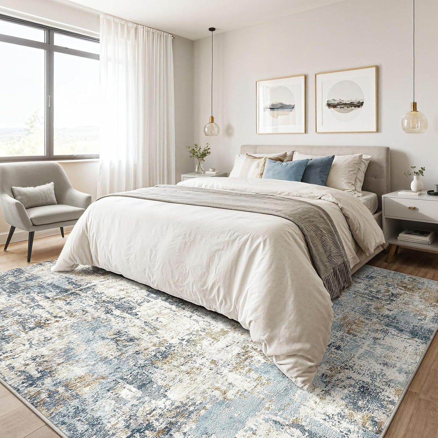 7x10 Area Rugs Washable Rug: Living Room Large Abstract Modern Soft Stain Resistant Indoor Floor Non Slip Accent Carpet for Bedroom Nursery Playroom Office Dining Room Dorm Home House- Blue