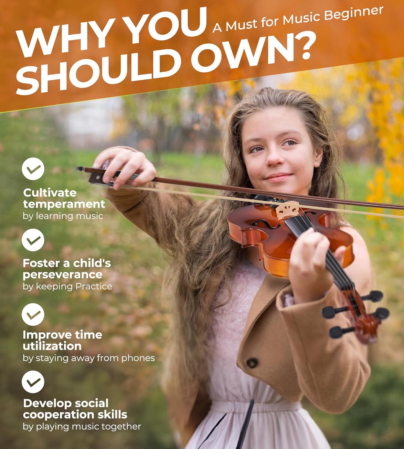 Vangoa Violin 1/4 Size Set Fiddle Outfit, Handcrafted Quarter Starter Acoustic Violins Kit with Solid Wood Side Board Lightweight Hard Case for Beginners Students, Child, Kids, Adults, Right Handed